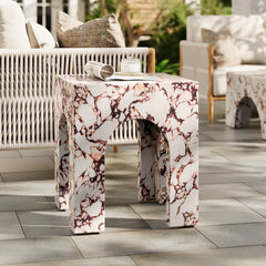 Valen Red Marble Square Indoor - Outdoor Patio Arched Concrete Side Table - Ornate Home