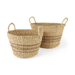Vance Light Brown Palm Leaf and Seagrass Round Basket with Handles - Ornate Home