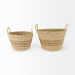 Vance Light Brown Palm Leaf and Seagrass Round Basket with Handles - Ornate Home