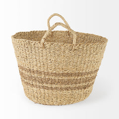 Vance Light Brown Palm Leaf and Seagrass Round Basket with Handles - Ornate Home