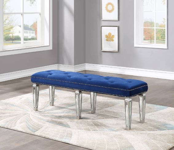 Varian Blue Velvet & Mirrored Bench - Ornate Home