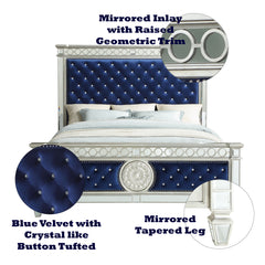 Varian Blue Velvet & Mirrored Queen Bed - Ornate Home