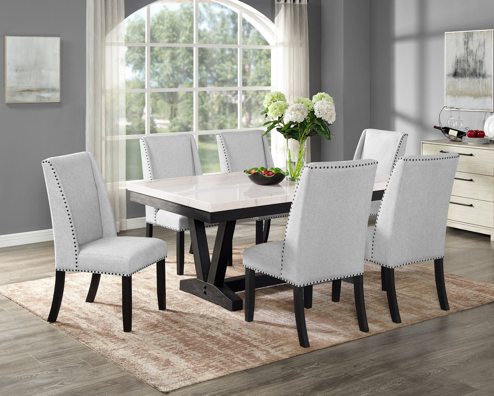Varley Gray/Charcoal Genuine Marble Top Dining Set - Ornate Home