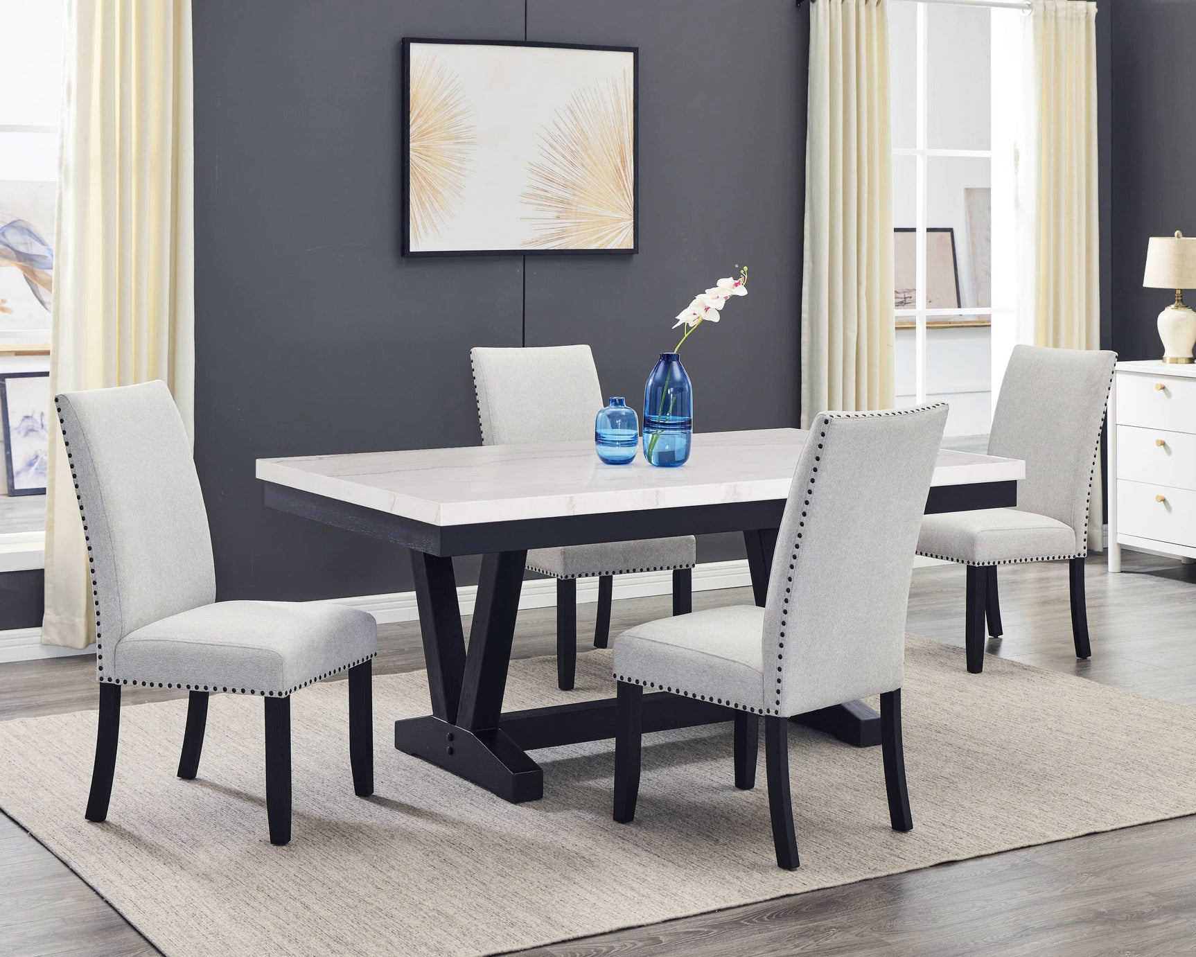 Varley Gray/Charcoal Genuine Marble Top Dining Set - Ornate Home