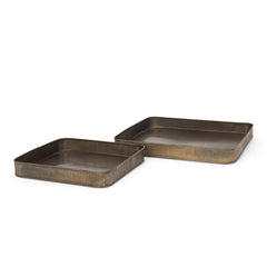 Varun Antiqued Brass Square Metal Tray (Set of 2) - Ornate Home