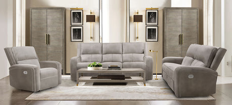 Vasilios Taupe Leatherette Power Reclining Sofa & Loveseat - Ornate Home
