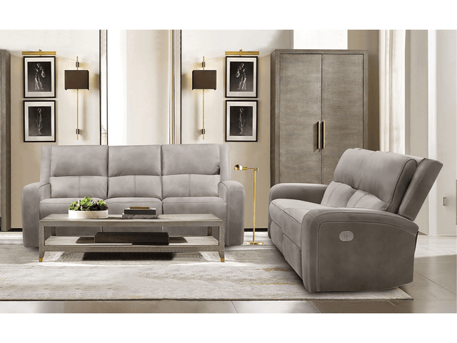 Vasilios Taupe Leatherette Power Reclining Sofa & Loveseat - Ornate Home
