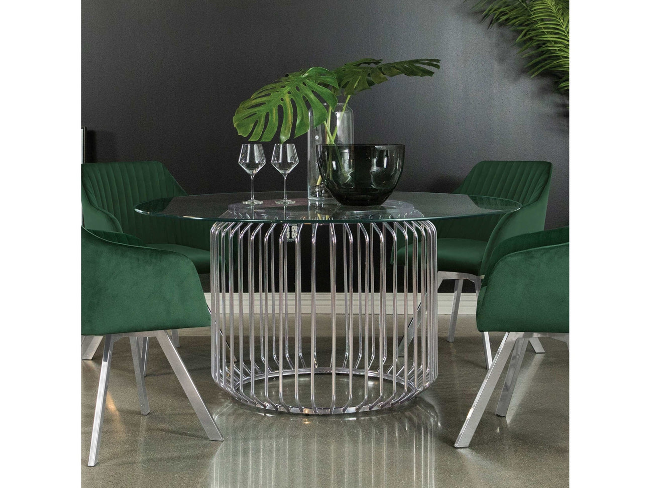 Veena Clear & Chrome 60″ Round Glass Top Dining Table - Ornate Home