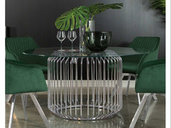 Veena Clear & Chrome 60″ Round Glass Top Dining Table - Ornate Home