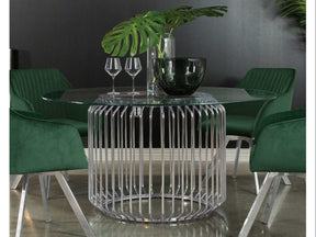 Veena Clear & Chrome 60″ Round Glass Top Dining Table - Ornate Home