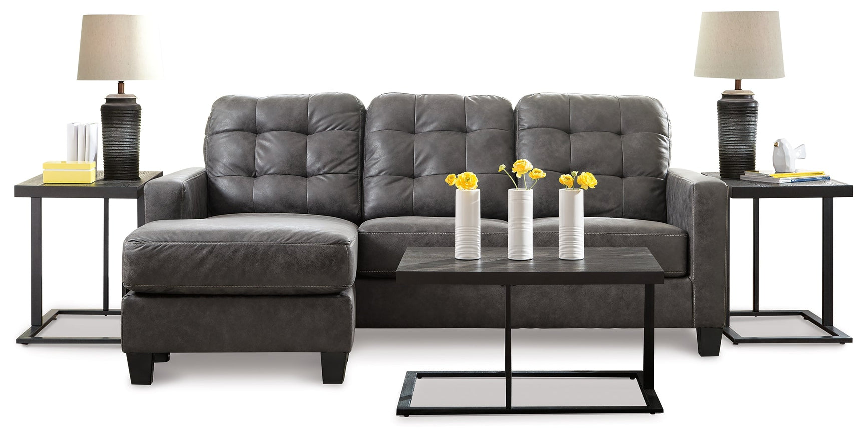 Venaldi Gunmetal Sofa Chaise with Occasional Table Set and Lamps (Online Special Price) - Ornate Home