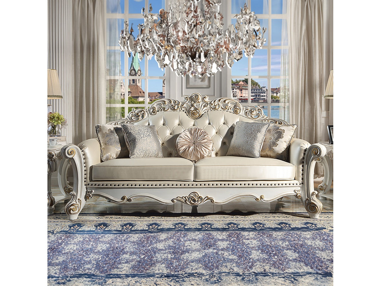 Vendome Champagne Synthetic Leather & Antique Pearl Sofa - Ornate Home