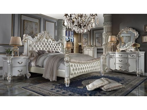 Vendome Synthetic Leather & Antique Pearl Eastern King Bed - Ornate Home