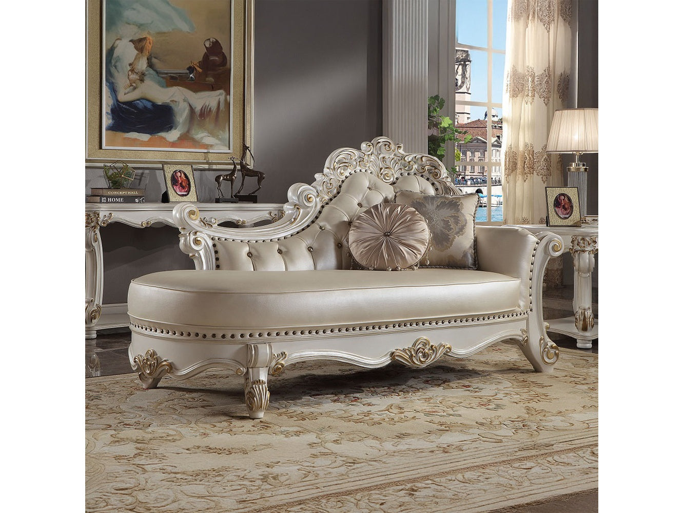 Vendome Synthetic Leather Chaise W/2 Pillows - Ornate Home