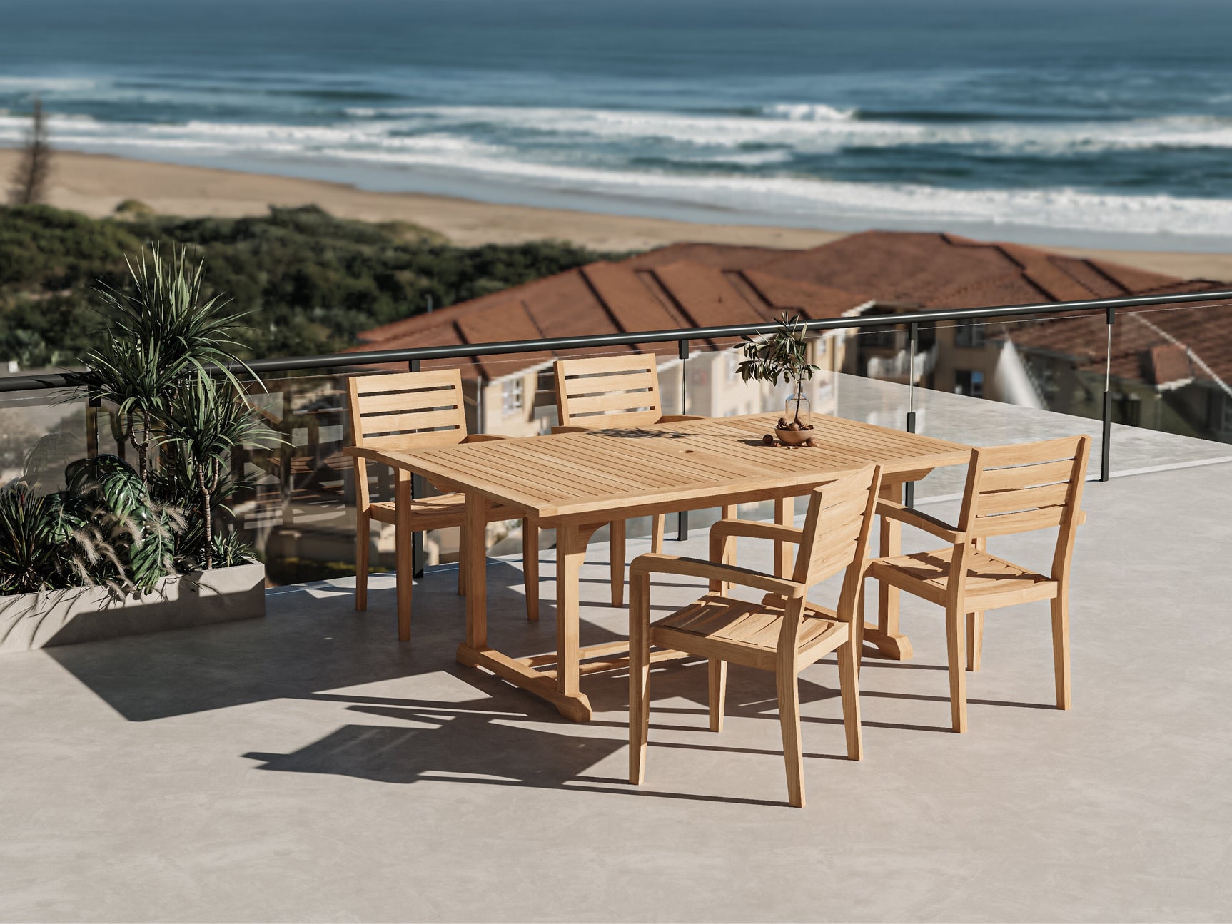 Venice 5-Piece Rectangular Teak Outdoor Dining Set with Extendable Table and Stacking Armchairs - Ornate Home