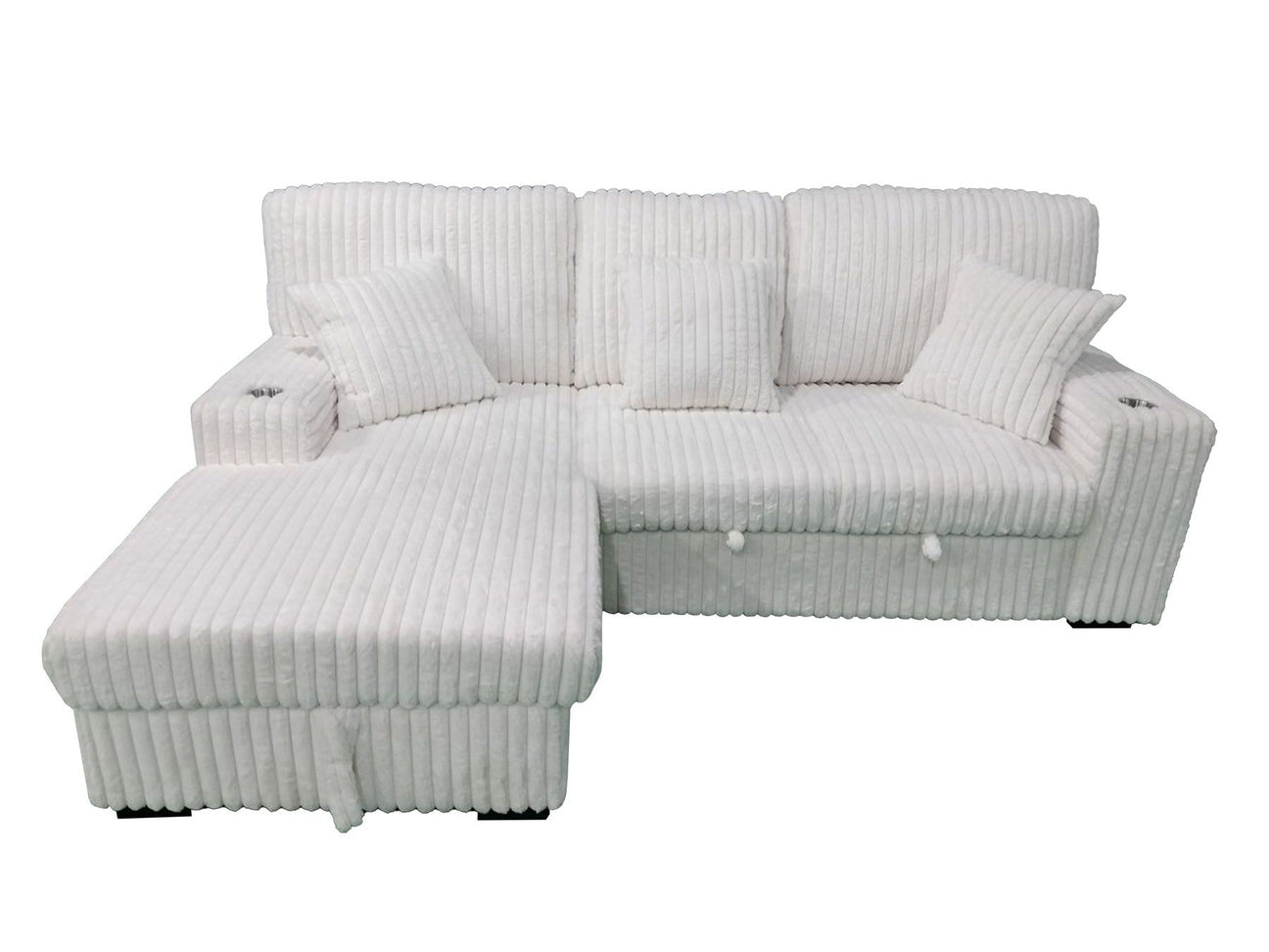 Venice Ivory Corduroy Storage Sleeper Sectional w/ Dual Cupholders & USB Ports - Ornate Home