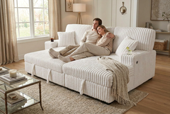 Venice Ivory Corduroy Storage Sleeper Sectional w/ Dual Cupholders & USB Ports - Ornate Home