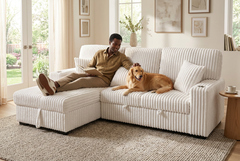 Venice Ivory Corduroy Storage Sleeper Sectional w/ Dual Cupholders & USB Ports - Ornate Home
