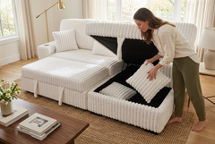 Venice Ivory Corduroy Storage Sleeper Sectional w/ Dual Cupholders & USB Ports - Ornate Home