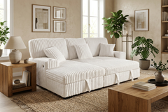 Venice Ivory Corduroy Storage Sleeper Sectional w/ Dual Cupholders & USB Ports - Ornate Home