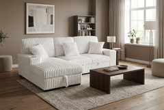 Venice Ivory Corduroy Storage Sleeper Sectional w/ Dual Cupholders & USB Ports - Ornate Home