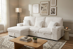 Venice Ivory Corduroy Storage Sleeper Sectional w/ Dual Cupholders & USB Ports - Ornate Home