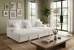 Venice Ivory Corduroy Storage Sleeper Sectional w/ Dual Cupholders & USB Ports - Ornate Home