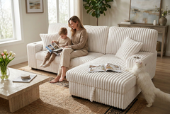 Venice Ivory Corduroy Storage Sleeper Sectional w/ Dual Cupholders & USB Ports - Ornate Home