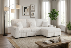 Venice Ivory Corduroy Storage Sleeper Sectional w/ Dual Cupholders & USB Ports - Ornate Home