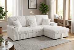Venice Ivory Corduroy Storage Sleeper Sectional w/ Dual Cupholders & USB Ports - Ornate Home