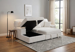 Venice Ivory Corduroy Storage Sleeper Sectional w/ Dual Cupholders & USB Ports - Ornate Home