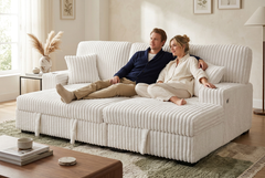 Venice Ivory Corduroy Storage Sleeper Sectional w/ Dual Cupholders & USB Ports - Ornate Home