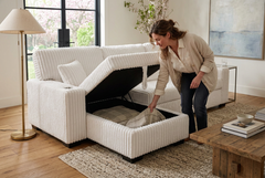Venice Ivory Corduroy Storage Sleeper Sectional w/ Dual Cupholders & USB Ports - Ornate Home