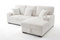 Venice Ivory Corduroy Storage Sleeper Sectional w/ Dual Cupholders & USB Ports - Ornate Home