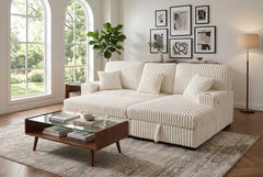 Venice Ivory Corduroy Storage Sleeper Sectional w/ Dual Cupholders & USB Ports - Ornate Home