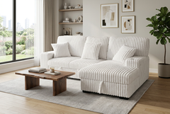 Venice Ivory Corduroy Storage Sleeper Sectional w/ Dual Cupholders & USB Ports - Ornate Home