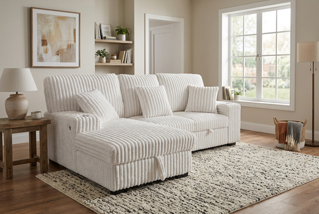 Venice Ivory Corduroy Storage Sleeper Sectional w/ Dual Cupholders & USB Ports - Ornate Home