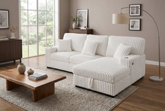 Venice Ivory Corduroy Storage Sleeper Sectional w/ Dual Cupholders & USB Ports - Ornate Home