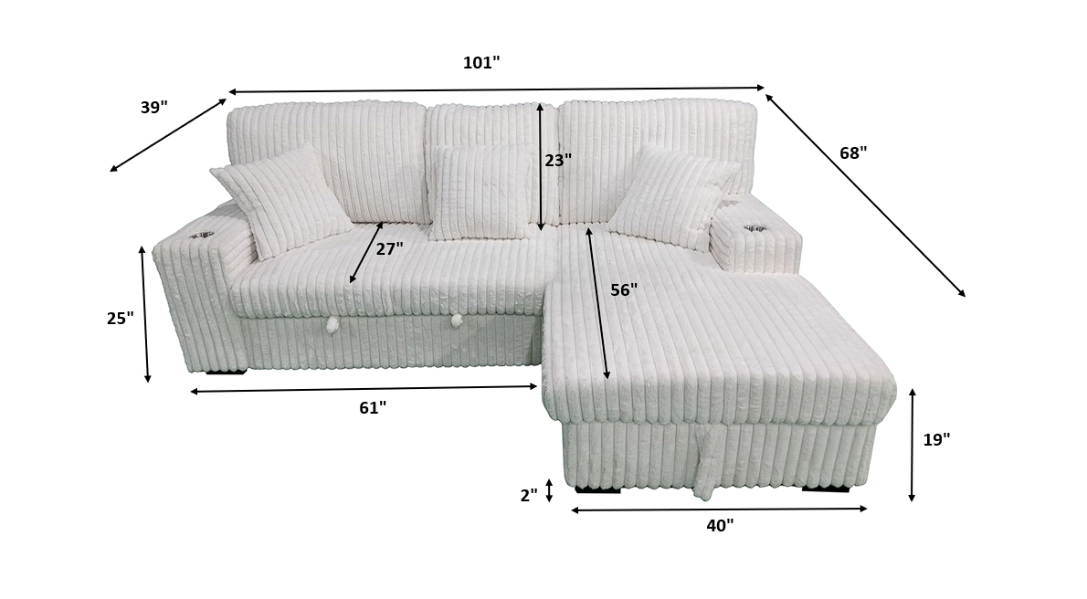 Venice Ivory Corduroy Storage Sleeper Sectional w/ Dual Cupholders & USB Ports - Ornate Home