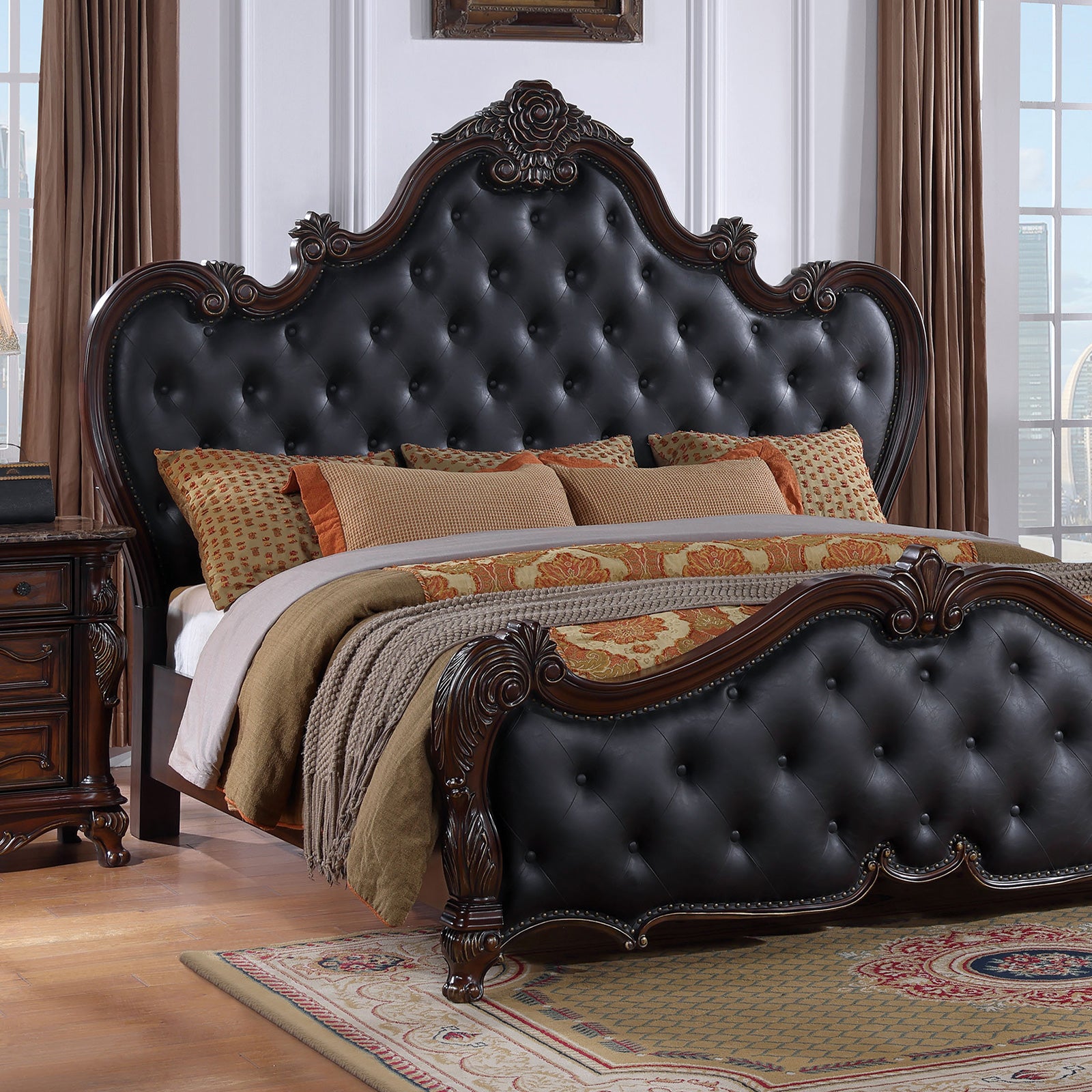 Ventresca Dark Cherry Leatherette 5 Pc. Queen Bedroom Set w/ 2NS - Ornate Home