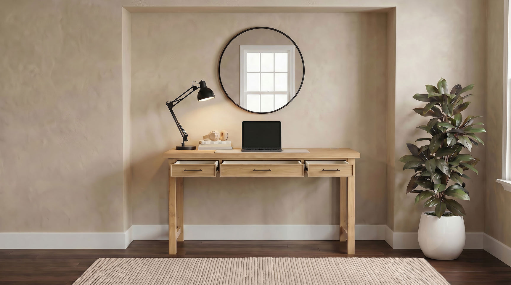 Vermes Light Ash 55-inch 3-drawer Writing Desk with Power Outlet - Ornate Home