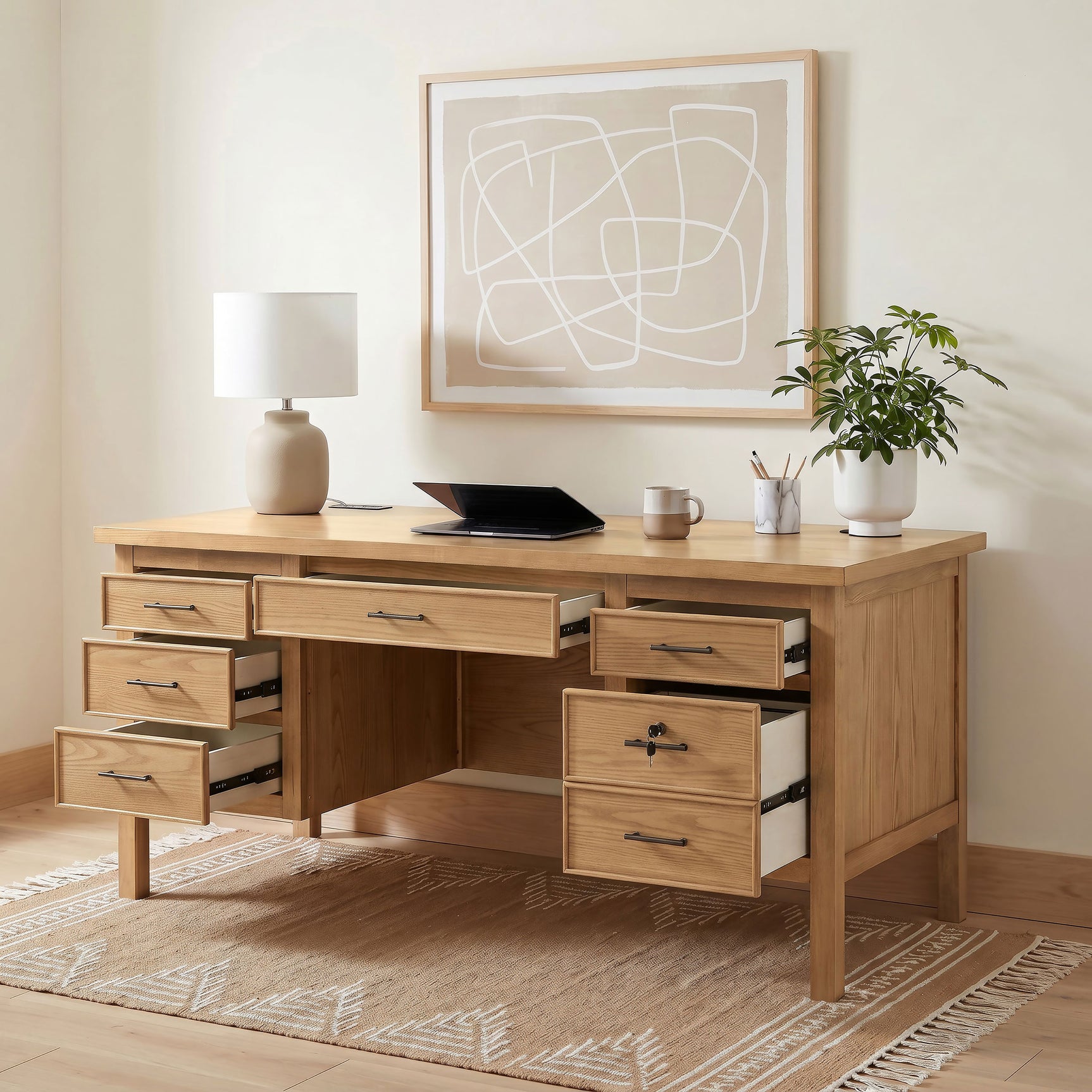 Vermes Light Ash 66-inch 7-drawer Computer Desk with Power Outlet - Ornate Home