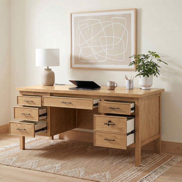 Vermes Light Ash 66-inch 7-drawer Computer Desk with Power Outlet - Ornate Home