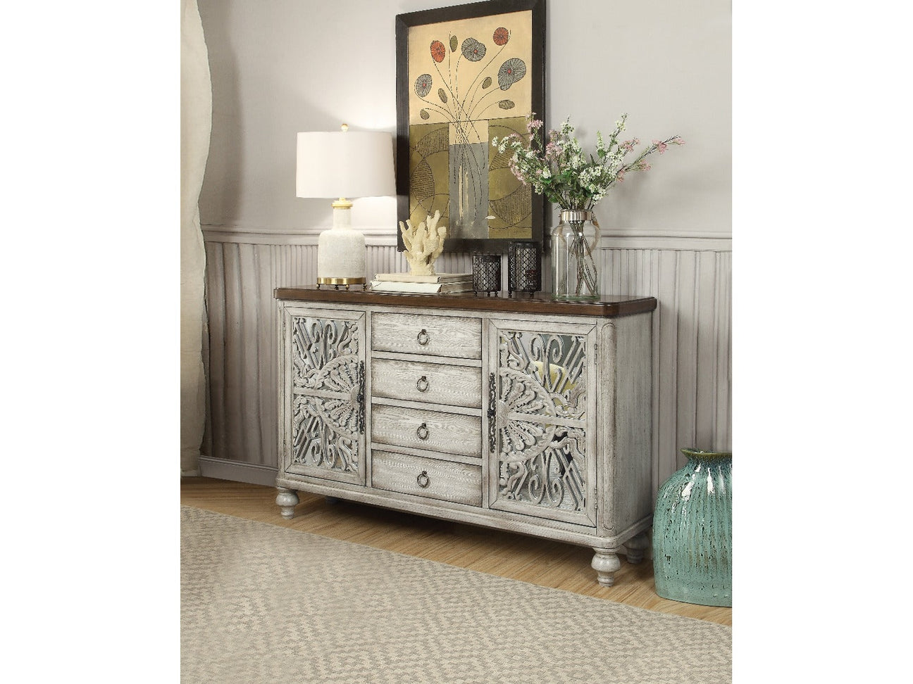 Vermont Antique White Console Cabinet - Ornate Home