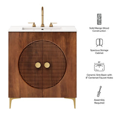 Vernon Walnut/White 30" Fluted Wood Vanity Cabinet With Sink - Ornate Home