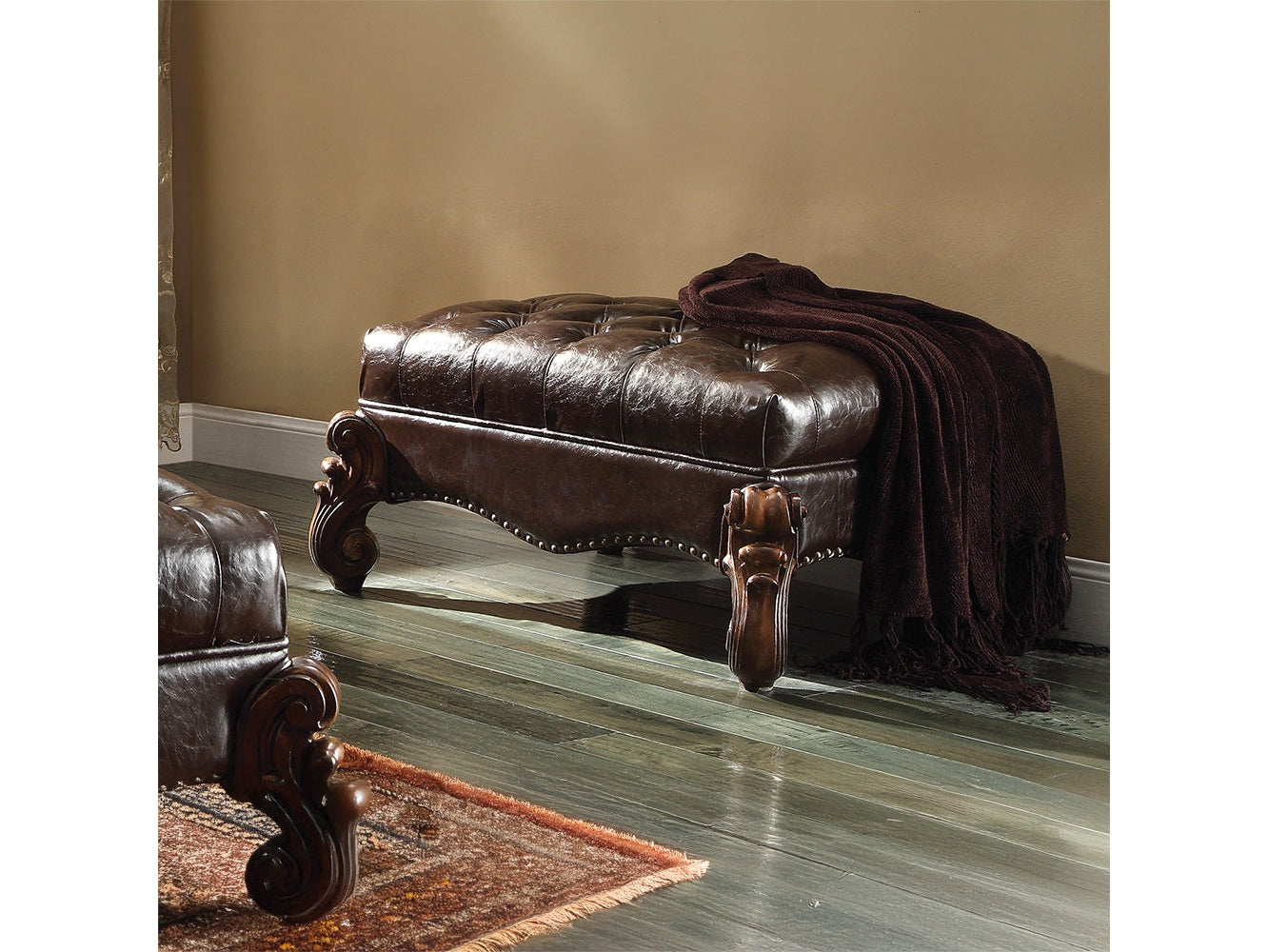 Versailles 2Tone Dark Brown PU & Cherry Oak Ottoman - Ornate Home