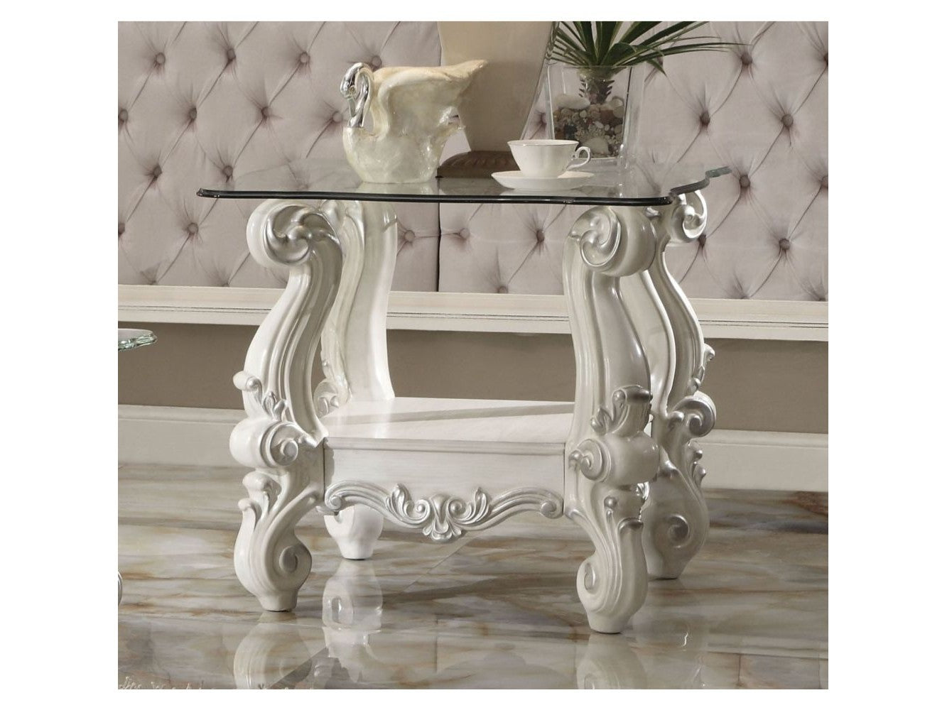 Versailles Bone White & Clear Glass End Table - Ornate Home
