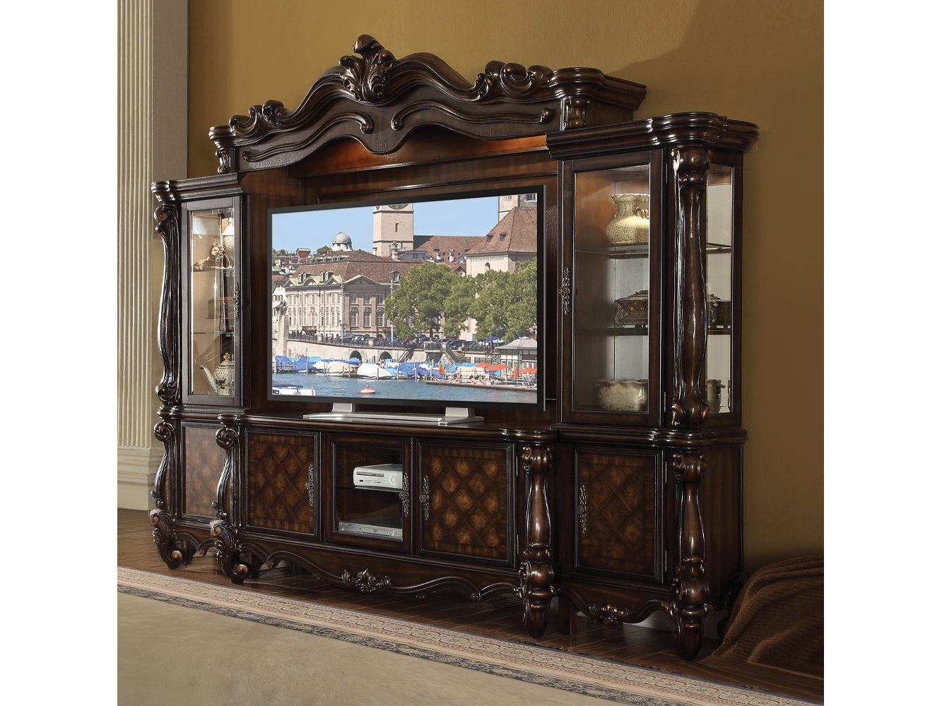 Versailles Cherry Oak Entertainment Center (Side Piers & Bridge) - Ornate Home