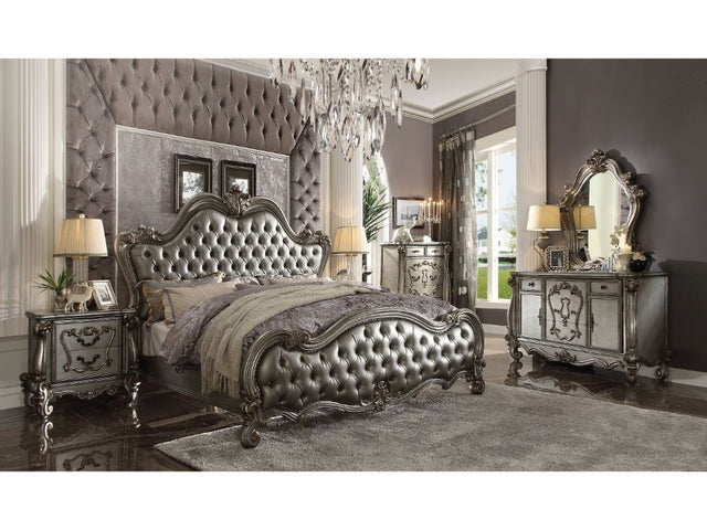 Versailles II Silver PU & Antique Platinum Eastern King Bed - Ornate Home