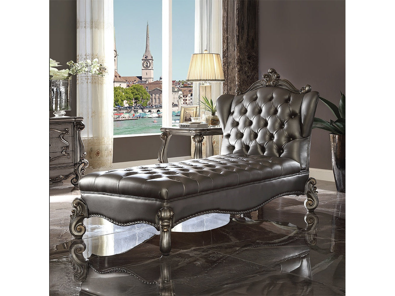 Versailles Silver PU & Antique Platinum Chaise - Ornate Home